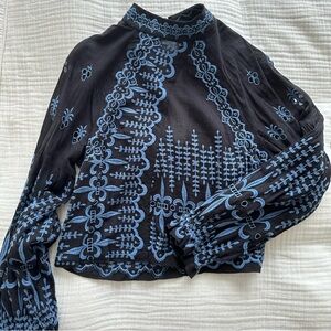 Free People Black and Blue embroidered blouse size XS